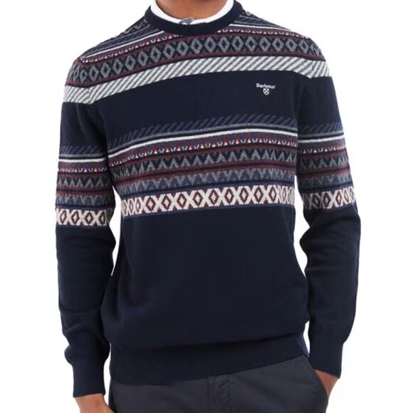 NEW BARBOUR Wool Winterborne Fairisle Sweater navy for men 864tn - Picture 1 of 7